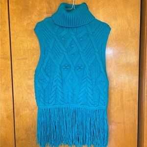 NWT Women’s Chunky Knit‎ Turtleneck Sweater Vest Teal Cable Knit Fringe Hem Boho